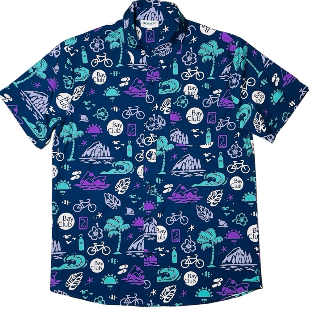 ROODY Hawaiian Shirt Mens Large Blue Floral Tropical Bicycle Palm Trees